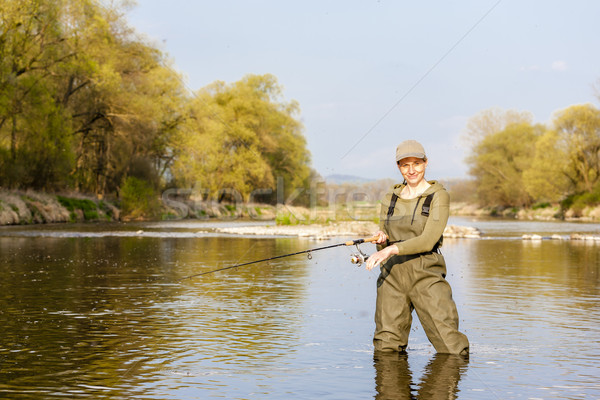 Frau Fischerei Fluss Frühling Frauen entspannen Stock foto © phbcz