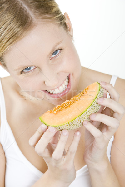 Foto stock: Retrato · mujer · agua · melón · frutas · jóvenes