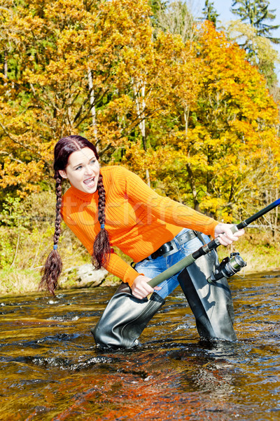 woman fishing in Otava river, Czech Republic Stock photo © phbcz
