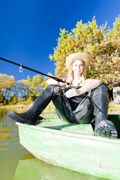 Foto stock: Pescaria · mulher · sessão · barco · mulheres · relaxante