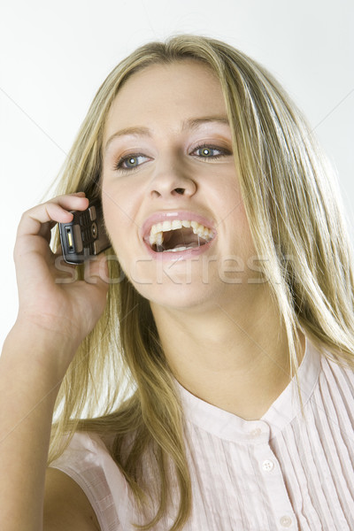 Foto stock: Retrato · mulher · telefone · falante · jovem