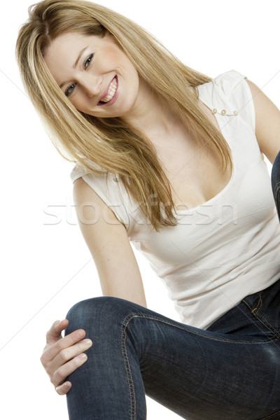 [[stock_photo]]: Portrait · séance · jeune · femme · femme · sourire · jeans
