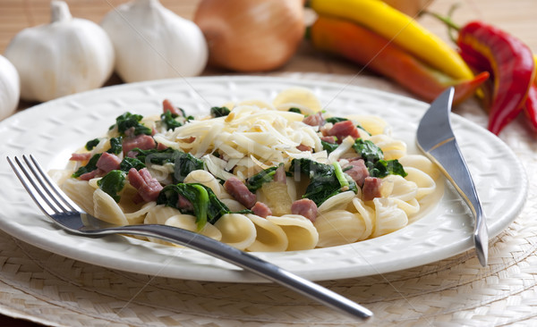 pasta orecchiette with smoked meat and spinach Stock photo © phbcz