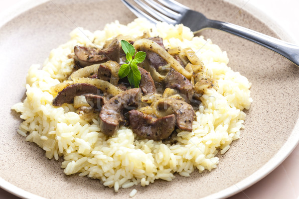 Carne de porco rim arroz prato garfo ervas Foto stock © phbcz