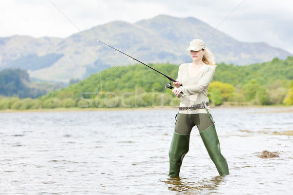Fischerei Frau Schottland Sport entspannen weiblichen Stock foto © phbcz
