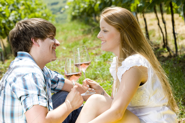 Cuplu picnic podgorie femeie petrecere vin Imagine de stoc © phbcz