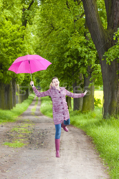 Foto stock: Mujer · botas · de · goma · paraguas · primavera · naturaleza