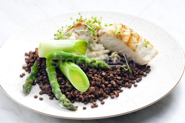 butterfish with green lentils, leek and green asparagus Stock photo © phbcz