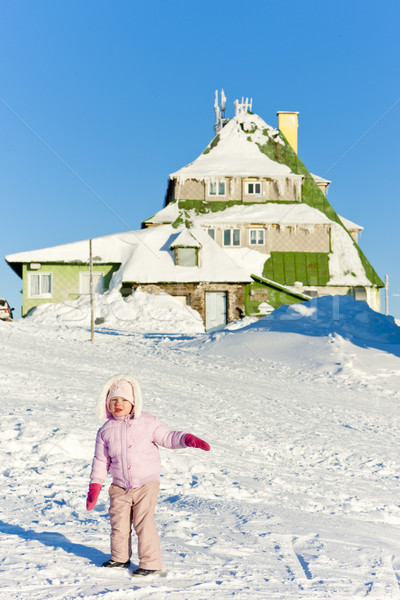 little girl in front of Masarykova Cottage, Orlicke Mountains in Stock photo © phbcz