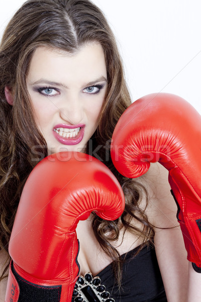 Portret jonge vrouw bokshandschoenen vrouw jonge alleen Stockfoto © phbcz