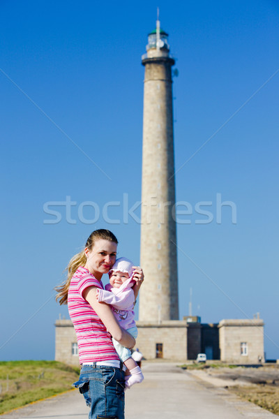 Touristen Leuchtturm Normandie Frankreich Frau Gebäude Stock foto © phbcz