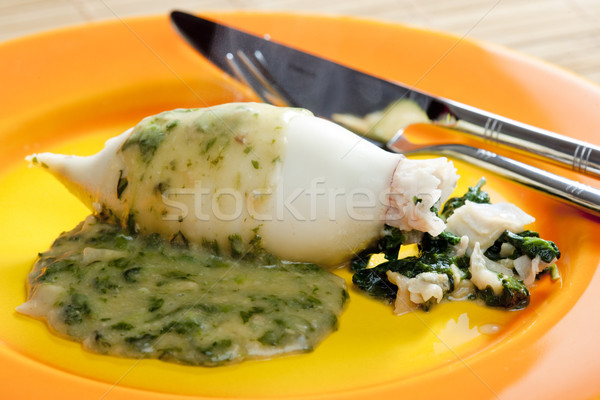 Sépia espinafre presunto molho comida faca Foto stock © phbcz