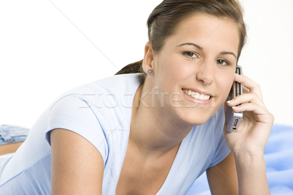 Stockfoto: Portret · vrouw · telefoon · praten · jonge