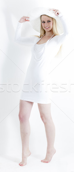 Stockfoto: Permanente · jonge · vrouw · witte · jurk · hoed · vrouwen