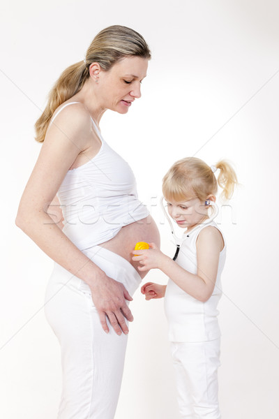 little girl caring after her pregnant mother Stock photo © phbcz