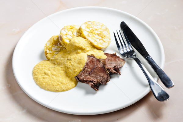 Vesepecsenye krém tányér hús kés étel Stock fotó © phbcz