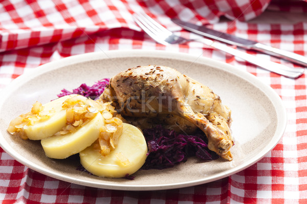 Stock photo: duck meat with potato dumlings and red cabbage