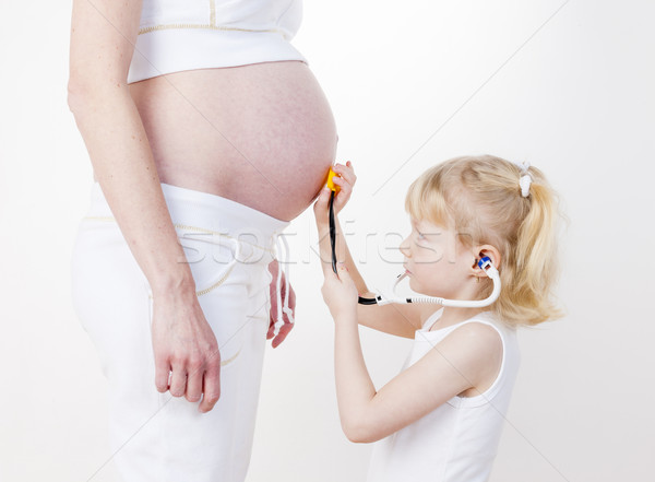 little girl caring after her pregnant mother Stock photo © phbcz