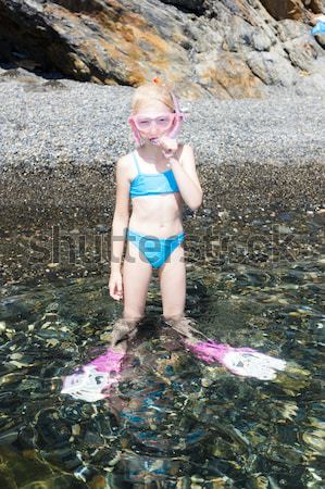little girl on the beach at sea ready for snorkeling Stock photo © phbcz