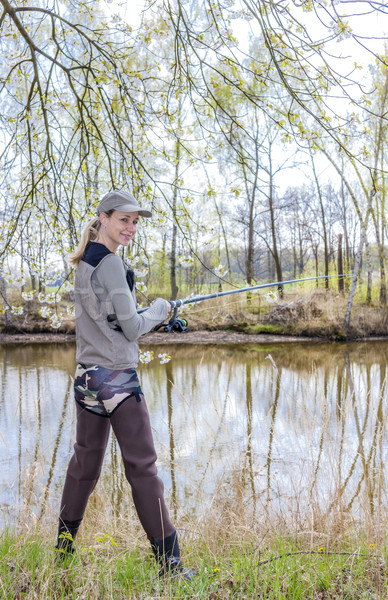 woman fishing at pond in spring Stock photo © phbcz