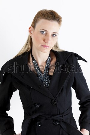Portret în picioare femeie negru haina Imagine de stoc © phbcz