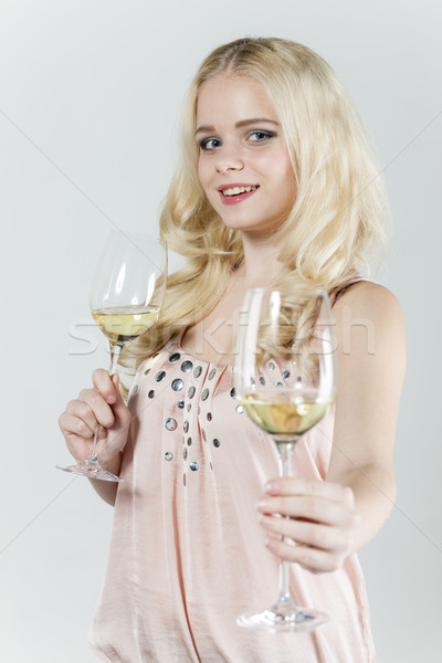 Porträt Gläser Weißwein Frau Person Stock foto © phbcz