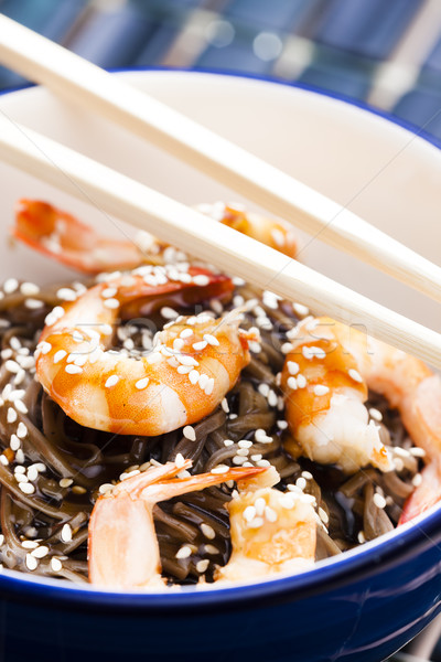 Japanese buckwheat noodles with prawns, soya sauce and sesame Stock photo © phbcz