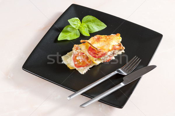 Lasaña Turquía carne tomates placa tenedor Foto stock © phbcz