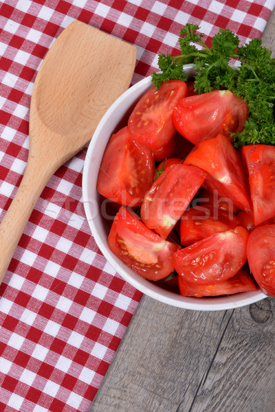 Dish of fresh tomatoes on  red  towel Stock photo © philipimage
