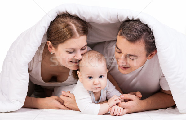 Młodych rodziny baby chłopca koc bed Zdjęcia stock © photobac