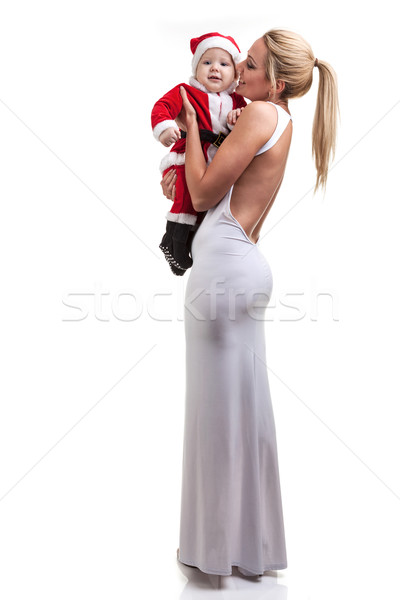 ストックフォト: エレガントな · ママ · 赤ちゃん · ドレス · サンタクロース · 白