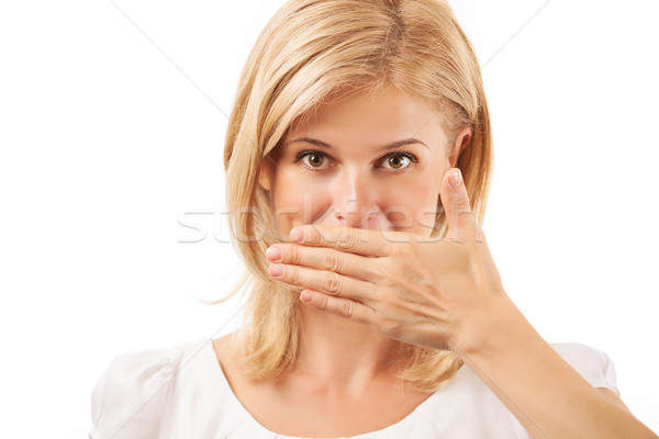 Mosolyog fiatal nő befogja száját fehér lány arc Stock fotó © photobac