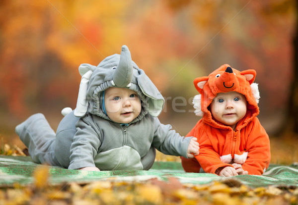 Kettő baba fiúk állat jelmezek ősz Stock fotó © photobac