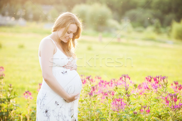 Jonge zwangere vrouw naar buik park glimlachend Stockfoto © photobac