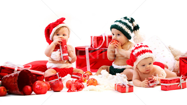 Trois bébés noël costumes jouer cadeaux Photo stock © photobac