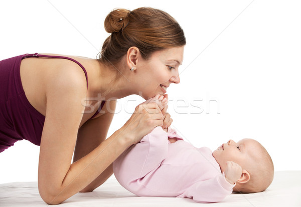 Foto stock: Jovem · belo · mãe · recém-nascido · bebê · menino