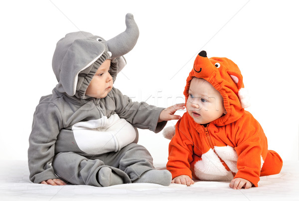 Stock foto: Zwei · Baby · Jungen · Tier · Kostüme · spielen