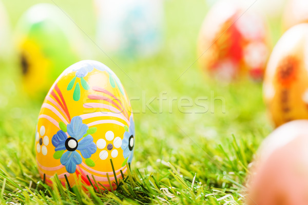 Colorful hand painted Easter eggs in grass. Spring theme Stock photo © photocreo