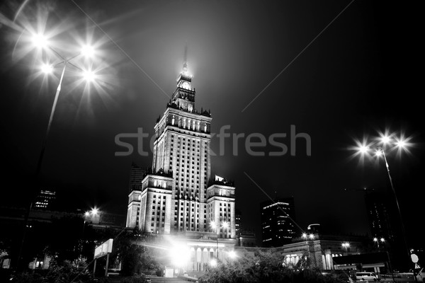 Warschau Polen Innenstadt Skyline Nacht schwarz weiß Stock foto © photocreo