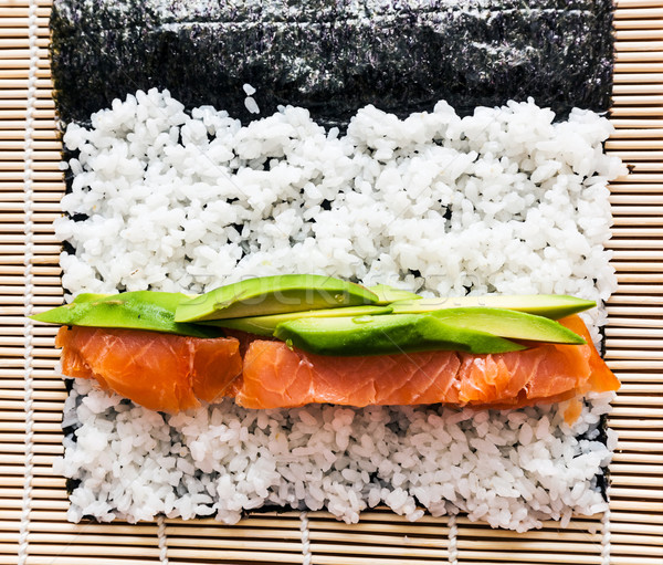 Preparing sushi background. Salmon, avocado, rice on seaweed.  Stock photo © photocreo
