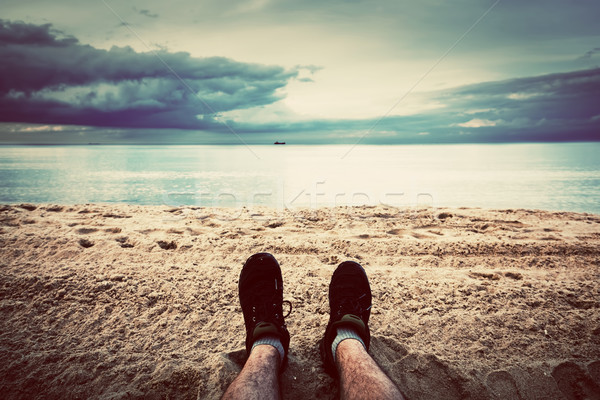 First person perspective of man legs on the autumn beach. Vintage Stock photo © photocreo