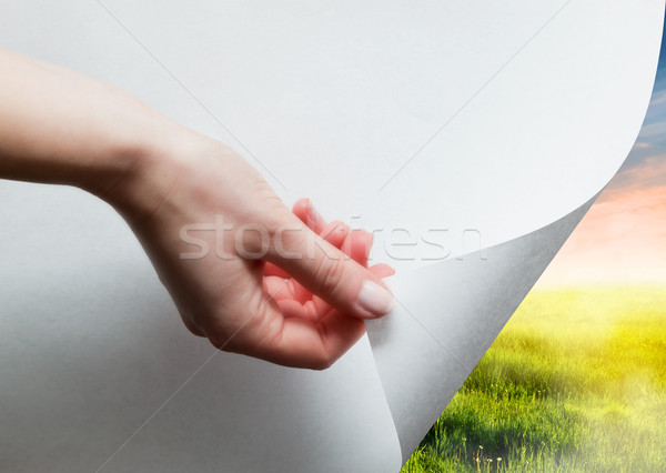 Hand pulling a paper corner to uncover, reveal green landscape Stock photo © photocreo