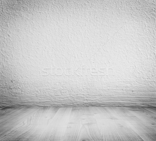 Stock photo: White minimalist plaster, concrete wall background and white wooden floor. 