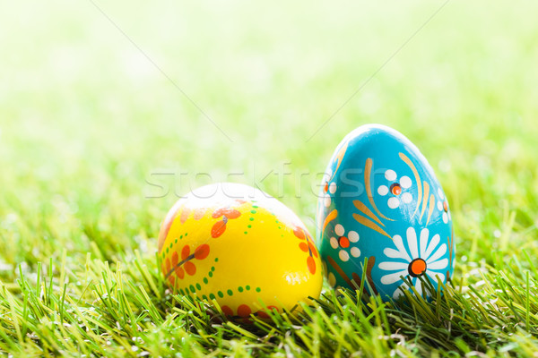 Colorful Hand Painted Easter Eggs In Grass Spring Theme Stock