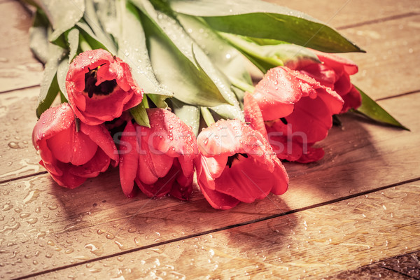 Fresche rosso tulipano fiori bouquet legno Foto d'archivio © photocreo