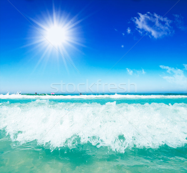 Stok fotoğraf: Deniz · dalgalar · güneşli · mavi · gökyüzü · gökyüzü · balık