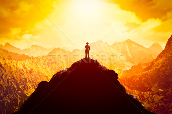 usinessman in hat on the peak of the mountain. Business venture, future perspective, success Stock photo © photocreo