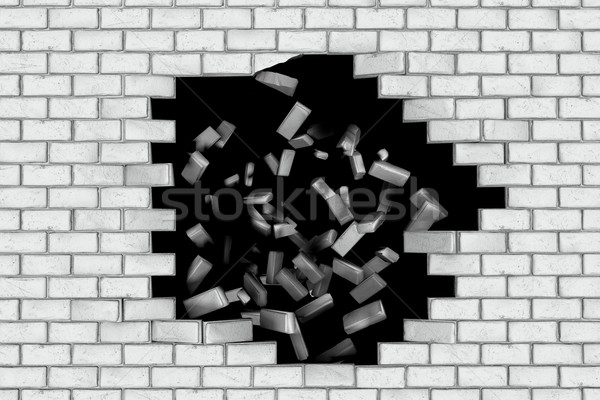 White brick wall falling down making a hole. Black background Stock photo © photocreo