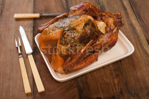 Geroosterde kip rechthoekig plaat ingesteld mes vork Stockfoto © photohome