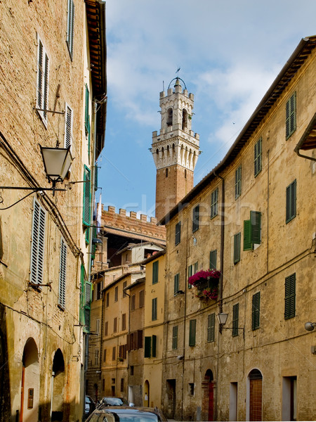 Antique street of Sinea with Mangia tower in background. Siena, Italy Stock photo © Photooiasson